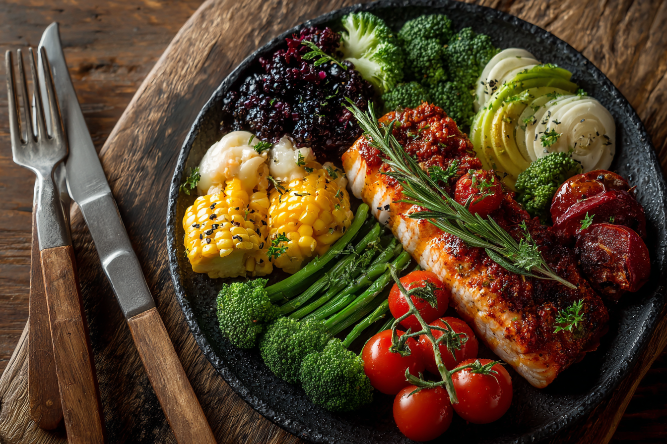 Mâncare sănătoasă și colorată aranjată artistic